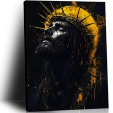 Framed Black Jesus Canvas Wall Art Crown of Thorns Religious Pictures Modern ...
