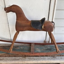 Antique Rocking Horse Original Leather And Ha...