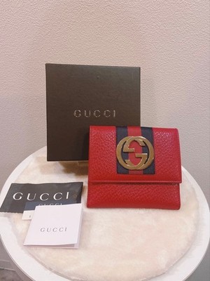 GUCCI GG Logo Sherry Leather Bifold Wallet Red Box Included Authentic