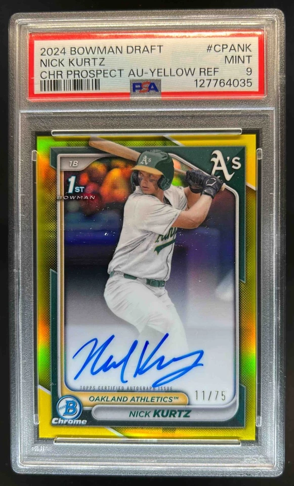 Bowman Draft Nick Kurtz 2024 cromo refractor amarillo automático 1er #11/75 PSA 9