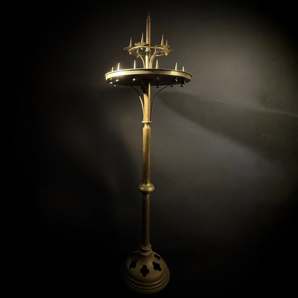 Antique Brass Gothic Floor Candelabra | 133cm Two‑Tier Church Candle Stand | 18‑
