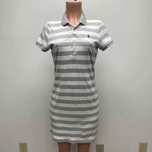 Ralph Lauren Womens White Gray Striped Short Sleeve Interlock Mini Polo Dress M