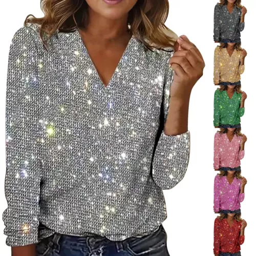 Women's Casual Solid Tops Sequin Long Sleeved V Neck Loose T Shirt Blouse Tops * - Picture 2 of 23