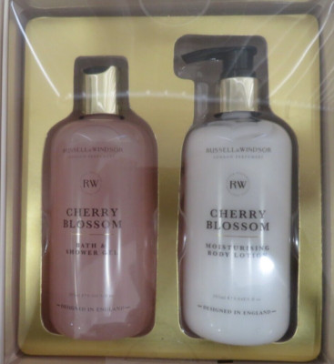 RUSSELL & WINDSOR Bath & Shower Gel +Body Lotion Gift Set Duo Cherry Blossom NIB