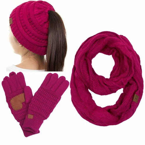 C.C 3pc Ponytail Messy Bun Soft Warm Soft Ribbed Knit Beanie Gloves Scarf Set - Picture 12 of 41