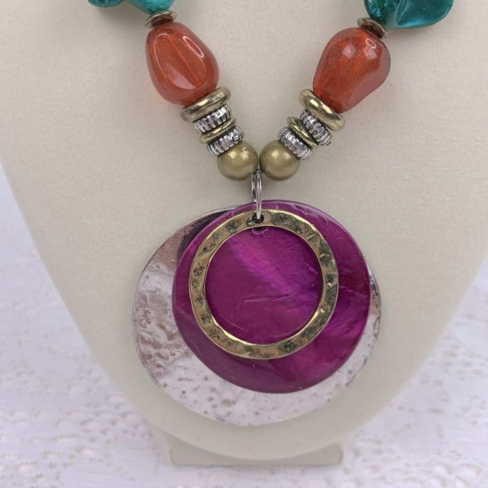 Statement Necklace Silver Chain Multicolor beads … - image 2