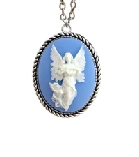 Guardian Angel Necklace Pendant, White on Wedgwood Blue Cameo, Silver