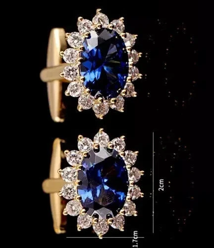 Gemelos de zafiro azul creados en laboratorio ovalados de 4 quilates para hombre enchapados en oro amarillo de 14 k plateados Foto 2 de 4