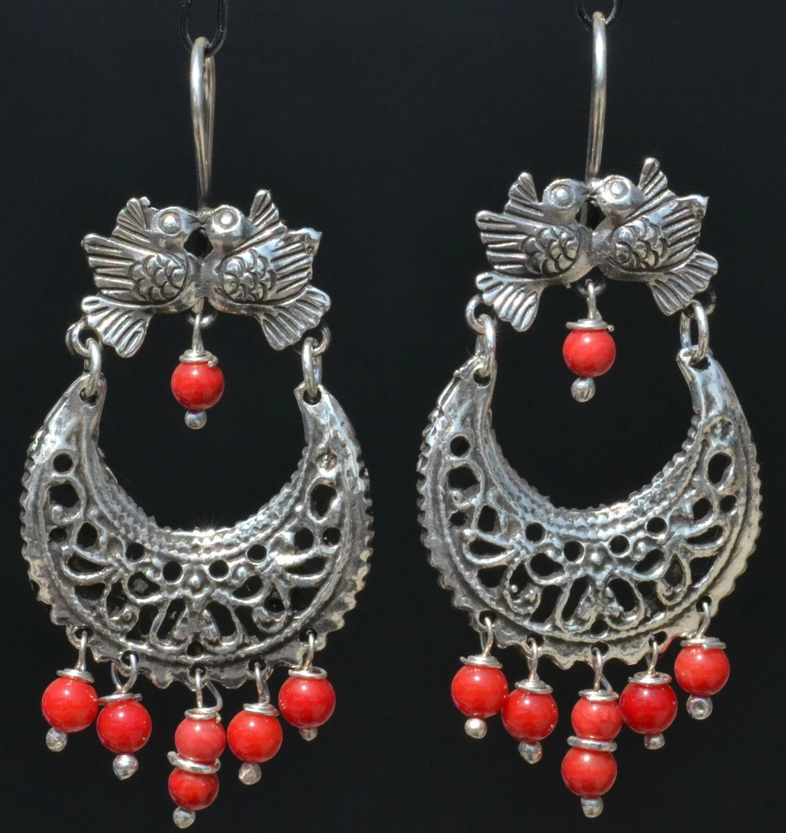 TAXCO MEXICAN 925 SILVER KISSING BIRDS CORAL DANGLE EARRINGS FRIDA