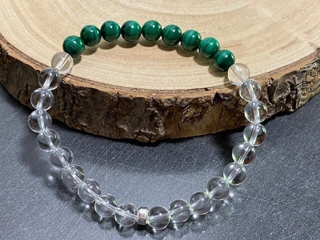 Armband Malachit Extra u. Bergkristall, Kugel 6mm, Flexibel, Silber (925) - Bild 1 von 5