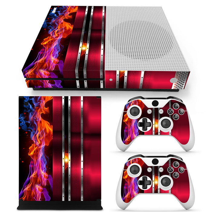 Xbox One S Console Skin Decal Sticker Cherry Fire Flames Metal Custom Design Set