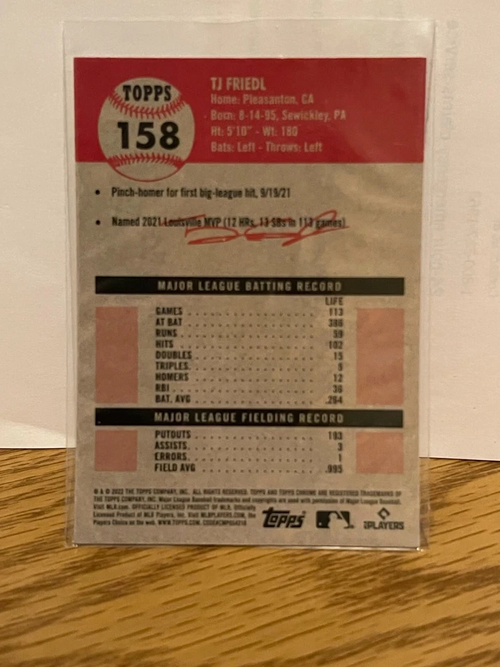 2022 Topps Chrome Platinum Anniversary TJ FRIEDL Base Rookie RC #158 Reds - Image 2 of 2