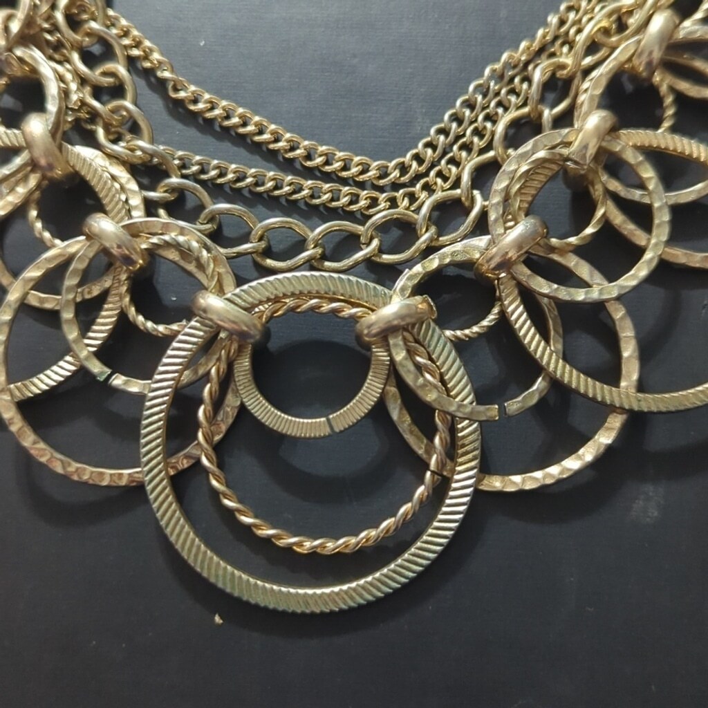 Gold Tone Interlocking Ring Loop and Chain Layere… - image 2