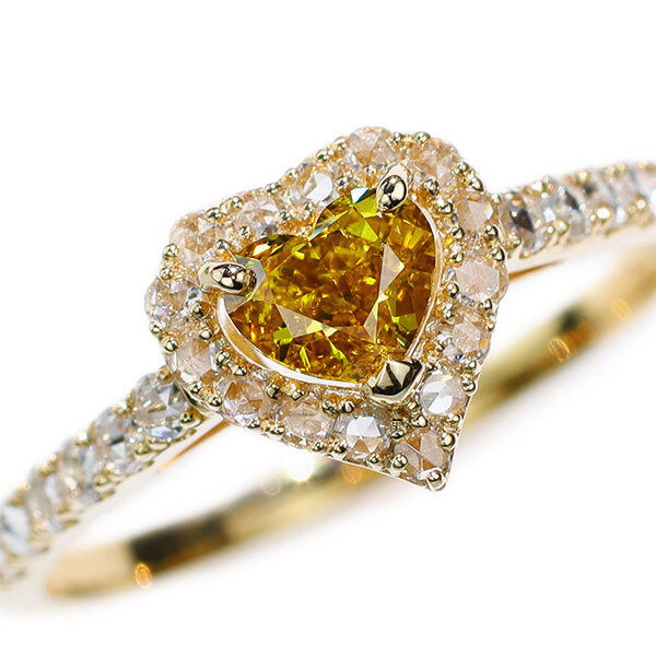 Brand New K18YG Heart Shape Diamond Rose Cut Ring 0.505 FDOY SI2 