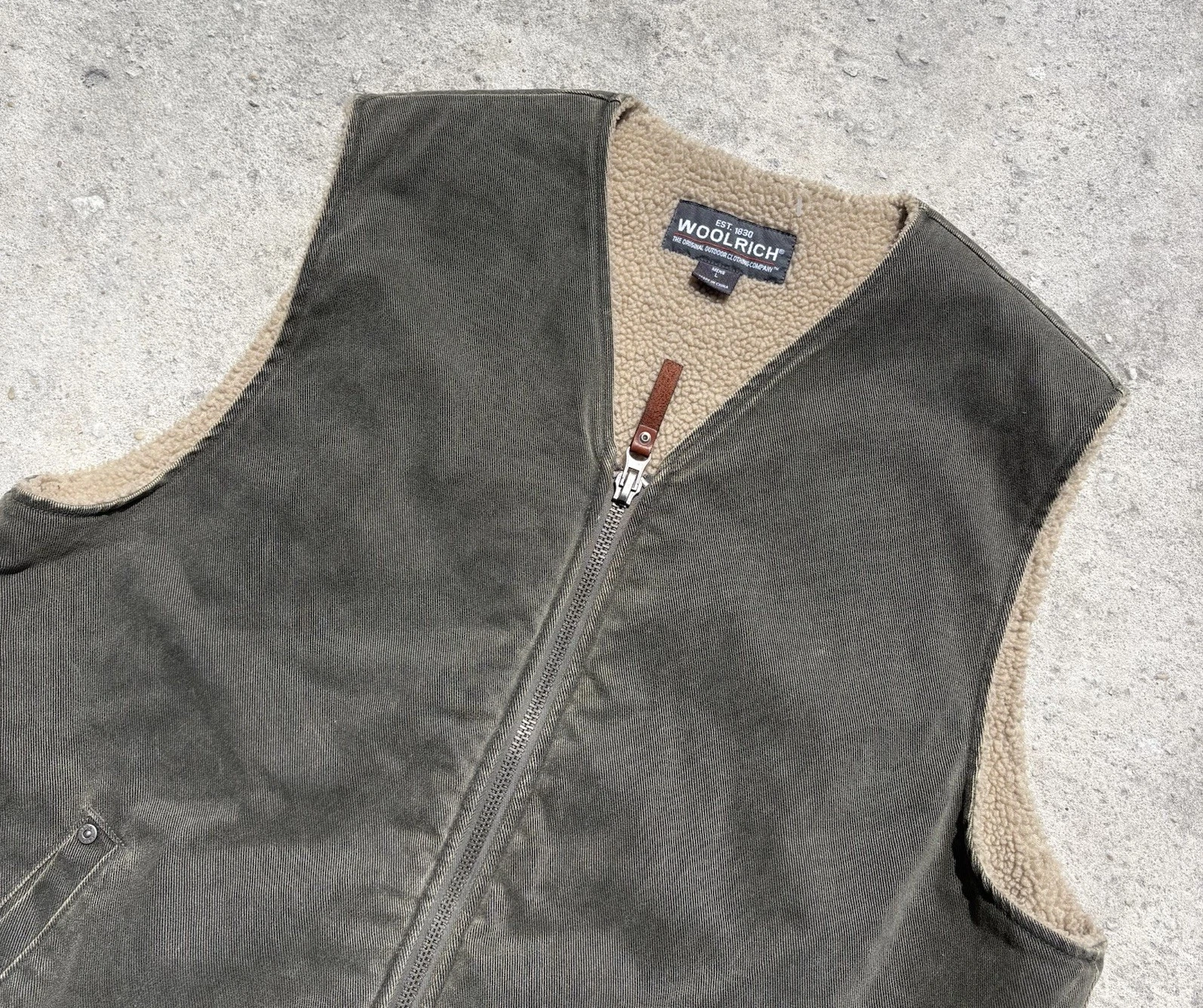 Woolrich Vest Mens Large Green Moss Canvas Sherpa Fleece Lined Full Zip 16016