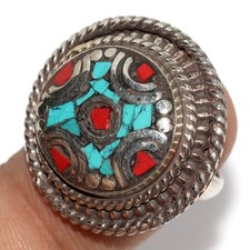 Nepali Tiribal Tibetan Turquoise Red Coral Ring Size US FreeSize JW