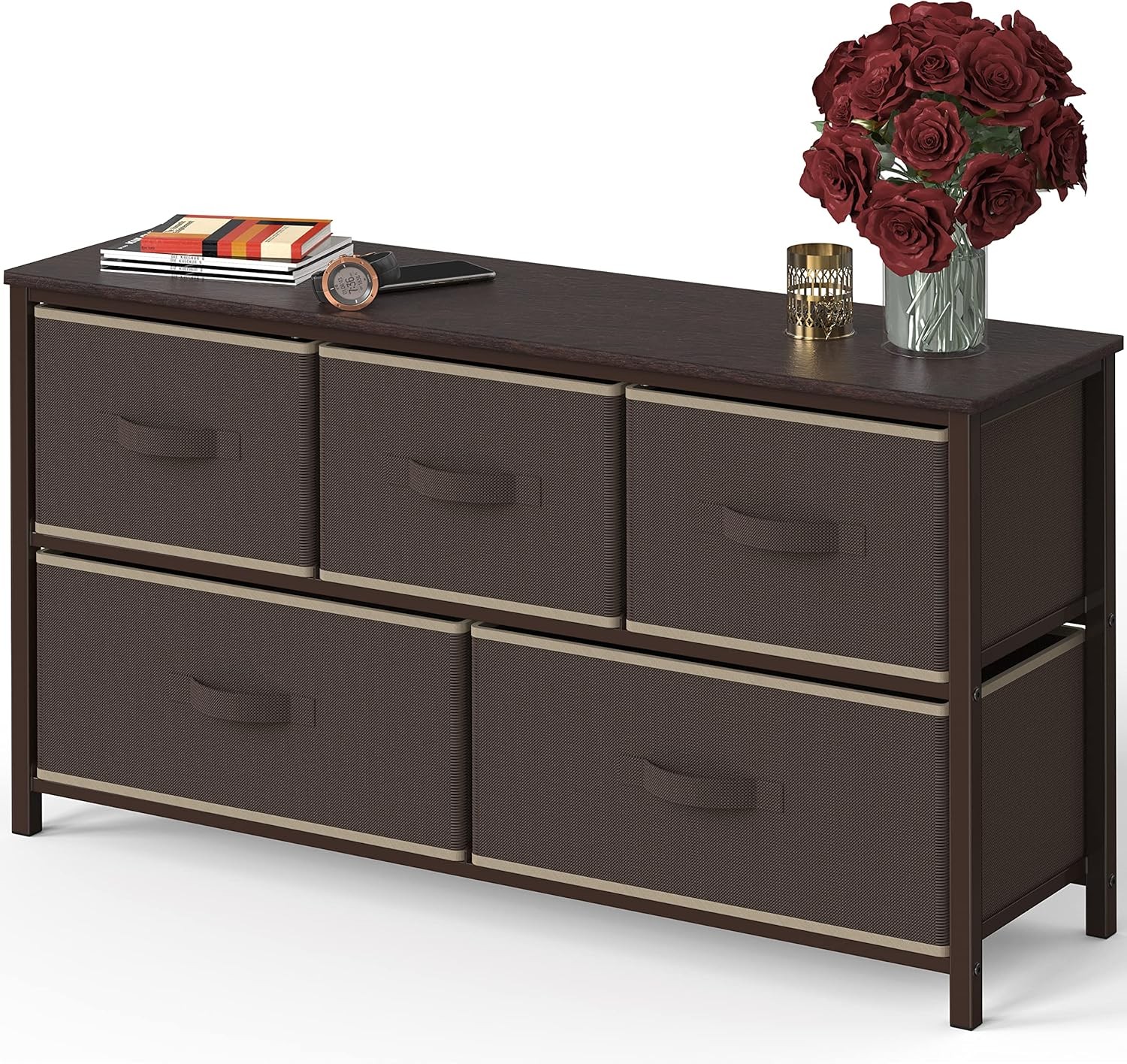 Brown Wide Bedroom Dresser with 5 Storage Drawers