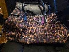 Coach Leopard Print Cargo Tote Purple Zip Bag Shoulder Strap Satin