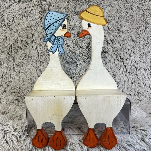 Duck Goose Pair Mates Male Female Shelf Sitters Handmade Vtg Granny Primitive