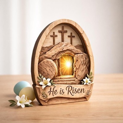 Easter Empty Tomb Cross Wooden Sign,Christian Resurrection Scene Decor