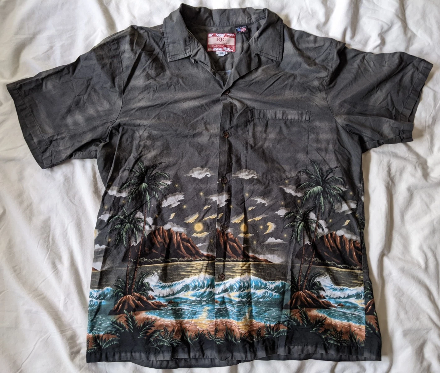 RJC Hawaiian shirt men's XL made in USA palm trees ocean beach coast surf button