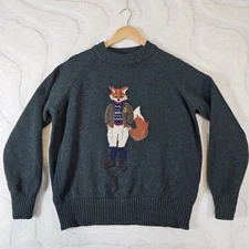 Joules Jonty Fox Jumper Women UK 16 Green Thick Chunky Knit Intarsia Crew Neck