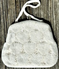 Vintage White Glass Seed Bead Pearls Purse Handbag Clutch Evening Formal 6  X 7  