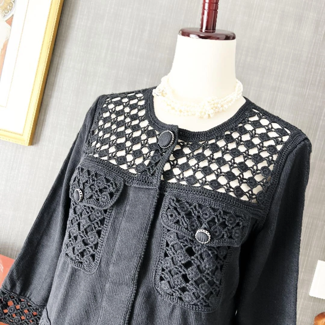 Giacca CHANEL all'uncinetto nera perla ricamata all'uncinetto maglia 40 Made in France