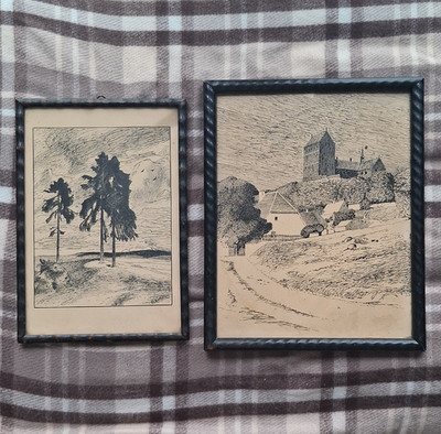 Bruno Ruckenburg 2 Tuschezeichnungen Landschaft/Kirche 1921 gerahmt, Lot