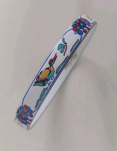 Signed Marlene Bracelet Enameled Art Bangle Ducks Trees White & Multicolor - Picture 16 of 21