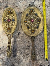 Antique Vanity Handheld Mirror and Brush with Colored Stones