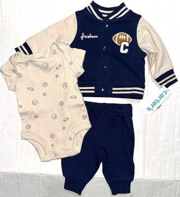 CARTERS 3 piece set navy/tan FOOTBALL motif size NEWBORN
