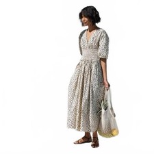 AYR M The Extra Extra Cream Midi Dress Smocked Puff Sleeve Cottagecore Boho