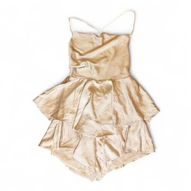 NWT Selfie Leslie Mon Cherie Champagne Cowl Neck Lace Back Ruffled Romper, Sz M.