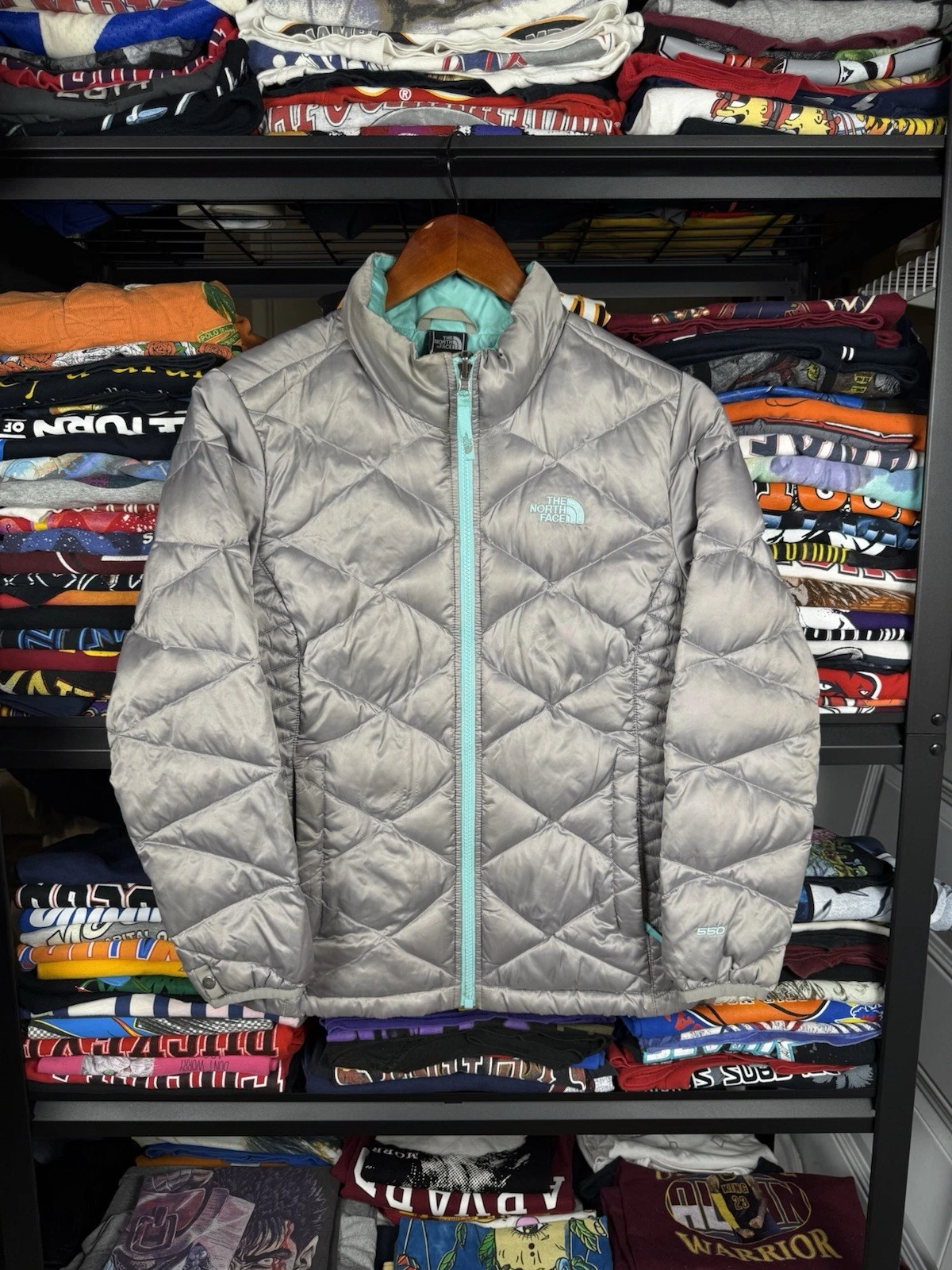 The North Face Girls Aconcagua Puffer Jacket 550 Size L 14/16 Gray Turquoise