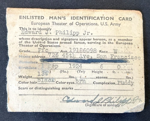 WW2 US Military Army, Soldier Enlisted Man's Identification Card (1944)