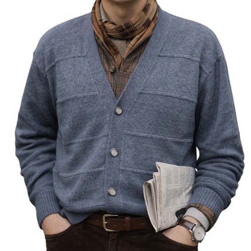 Oscar de la Renta, Cardigan uomo Oscar de la Renta blu/grigio maglia cotone vintage taglia large