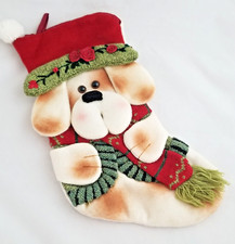 Puppy Dog Christmas Stocking 3D Fuzzy Felt Red Hat  Green Scarf 14" x 6" CUTE
