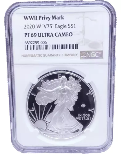 2020-W WWII Privy Mark V75 Eagle Silver $1 Coin - NGC PF 69 Ultra Cameo Box COA