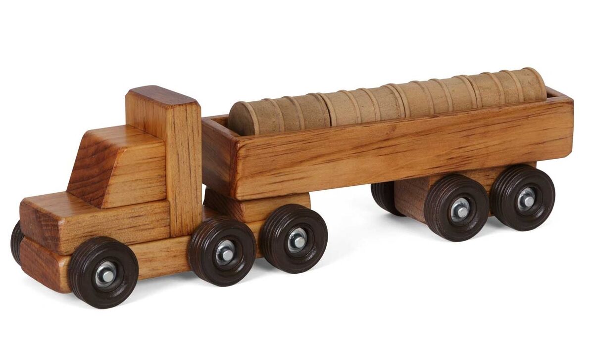 FOUR Wooden Toy TRUCK Set Log Barrel Tanker Dump Truck Wood