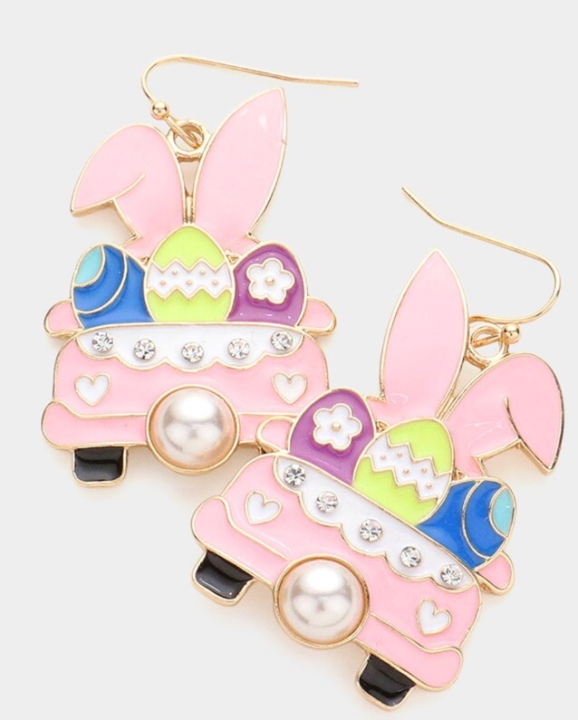 EASTER BUNNY CAR WITH COLORED EASTER EGGS PINK DANGLE PIERCED EARRINGS