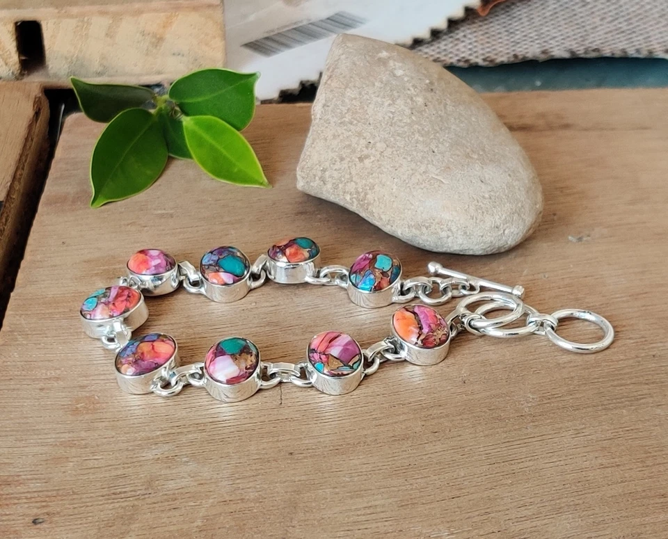 Pulsera de plata de ley 925 con piedras preciosas turquesa cobre ostra rosa para mujer MO+1021 Foto 2 de 4