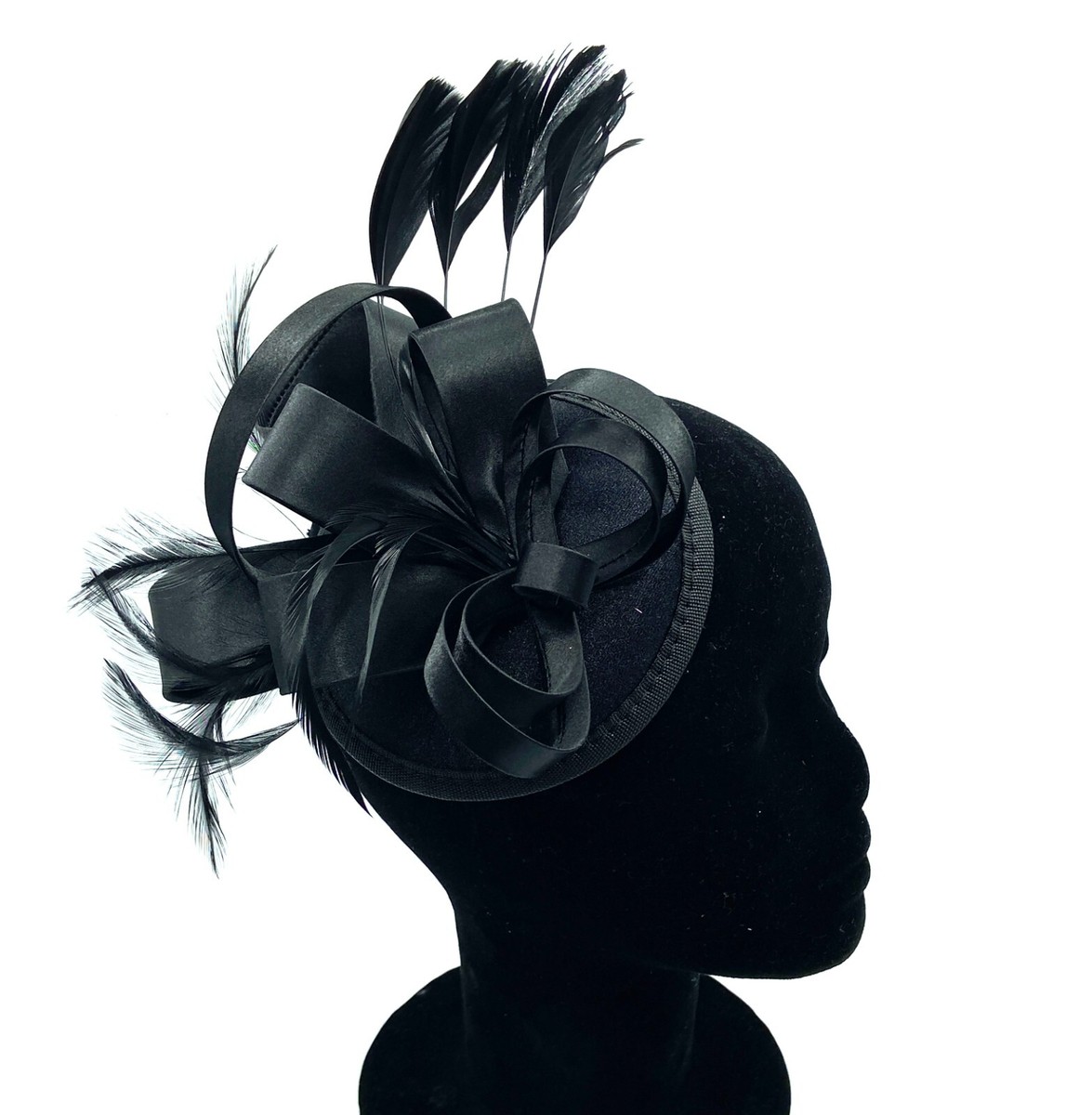 Large Black Satin Feather Clip Fascinator Weddings Races Ascot Hair Piece