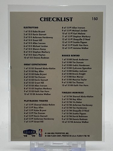 1998-99 Fleer Tradition Basketball Card #150 Checklist Multiple Subsets - Picture 2 of 2
