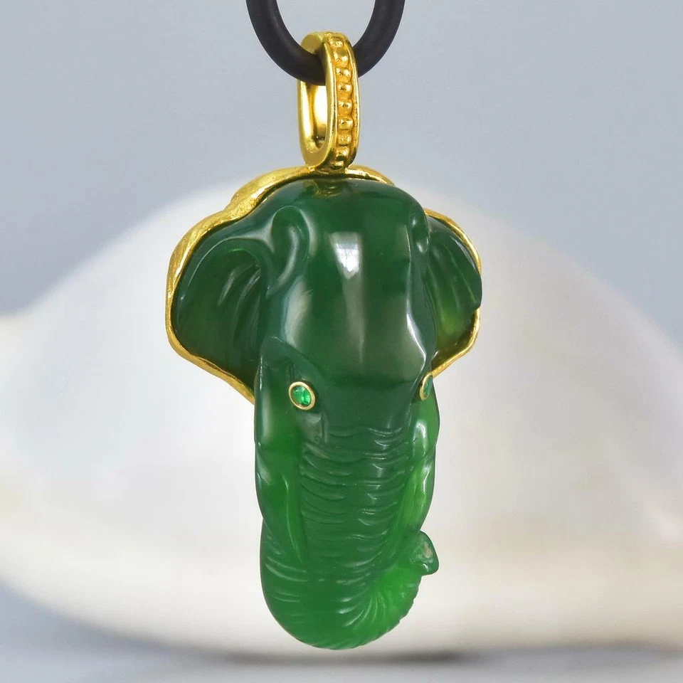 Gold Vermeil Sterling Smaragd Grün Chalzedon Asiatisch Elefant Anhänger 10.27 G - Bild 2 von 4
