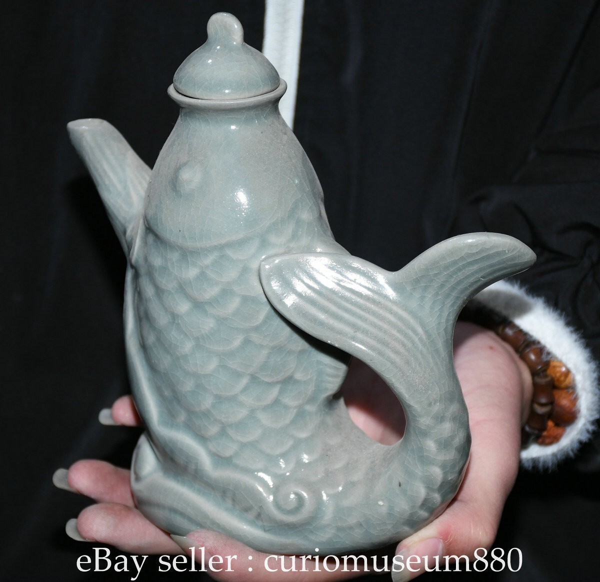 7.2" Old Chinese Ru Kiln Blue Glaze Porcelain Fish Lid Wine Tea Pot Flagon