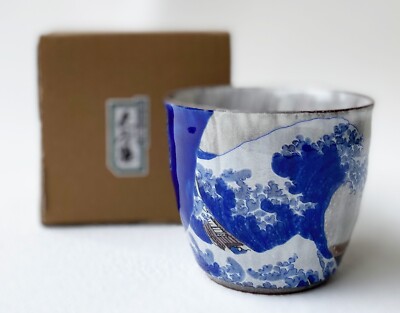 Kutani yaki ware Japanese Shochu Wiskey Sake Cup Hokusai Great Wave Kanagawa