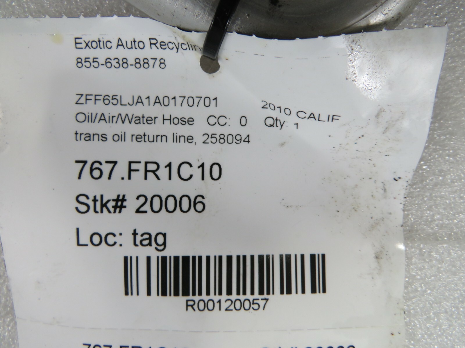 Ferrari California, Transmission Oil Return Connection Hose, Used P/N, 258094