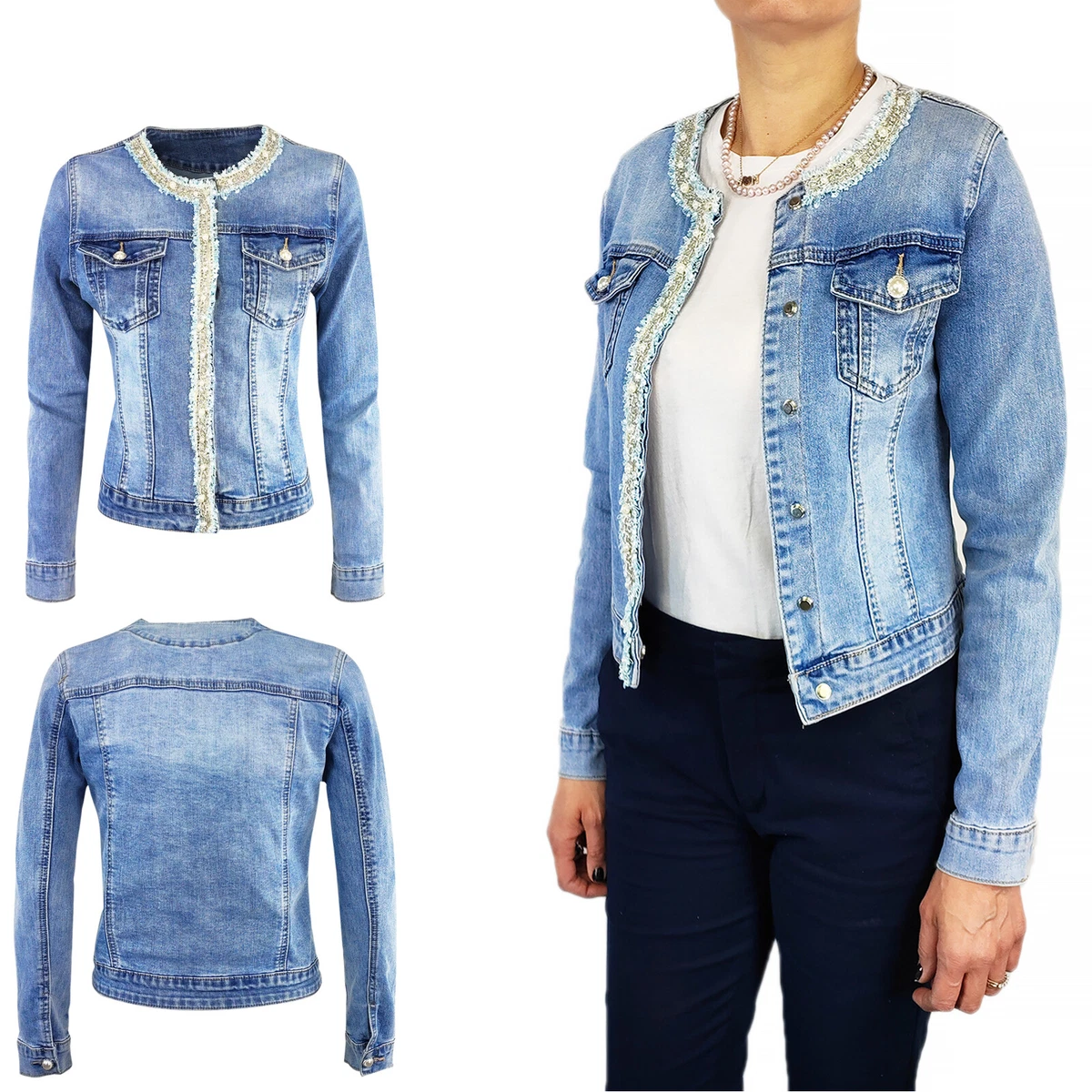 Giubbotto Jeans Donna Giacca Chanel Corta Brillantini Perle Bolero