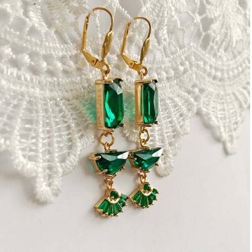 Art Deco Emerald Green Fan Earrings Bridal Lever Back Statement Emerald Cut - Picture 4 of 4
